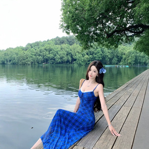 Blue Plaid Sundress Women Long Summer Dress Anti Uv Protection UPF 50 For Tourism Beach Camping Daily Wear - Product Image 1