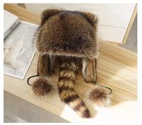 Chapeau d'hiver chaud à visière avec oreilles de chat mignonnes en fourrure, chapeau aviateur à cache-oreilles, chapeau en fourrure naturelle de raton laveur, chapeau en peluche pour parents et enfants