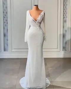 Abiti da sposa a maniche lunghe con perline bianche scintillanti abito da sposa a sirena di lusso con abiti da fidanzamento in treno vestido de gala