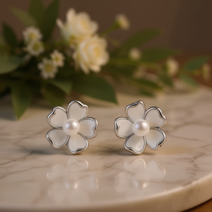 Orecchini a Perno E4811 in Oro Bianco con Fiore e Perla Finta, Gioielli Classici da Donna per Uso Quotidiano - Product Image 2