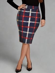 จอยอินสปริง กระโปรงทรงดินสอเอวธรรมชาติ ผ้าโพลีเอสเตอร์ลายสก็อต ไซส์พลัส สไตล์ลำลอง ยืดได้ ความยาวระดับเข่า สำหรับฤดูใบไม้ผลิ มีสินค้าพร้อมส่ง - Product Image 2