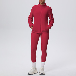 Ensemble de yoga 5 pièces pour femmes, taille plus, en spandex/nylon, doublure en polaire, col rond, taille élastique, veste et pantalon, coupe-vent, sport, fitness - Product Image 5