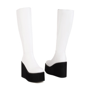 Custom Plus Size Round Toe <b>Knee</b> <b>High</b> Zip Ladies Thick Sole Platform Women Wedges Boots - Product Image 2