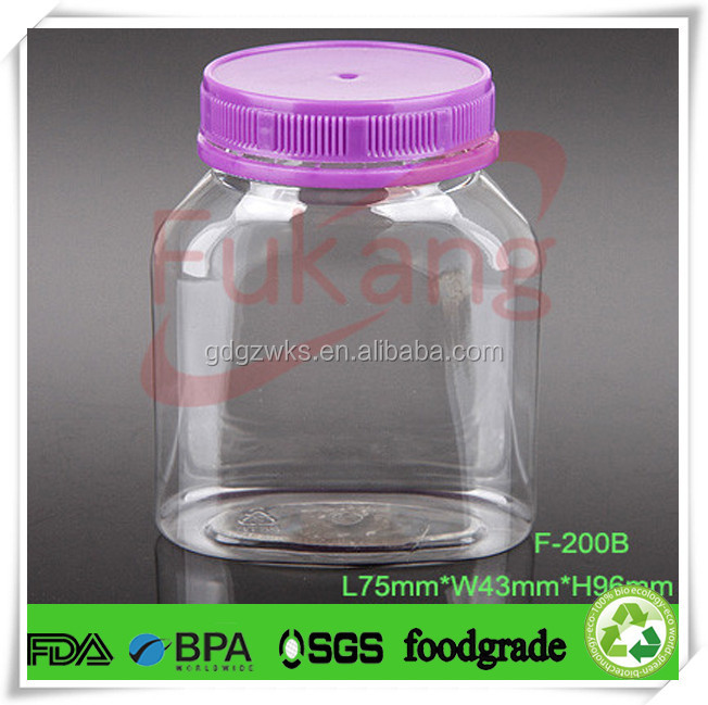 200ml de qualité alimentaire PET pot carré enfant bonbons emballage conteneur avec PP bouchon inviolable