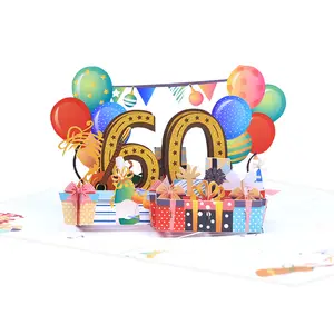 Yeni yaratıcı 100th 90th 80th 60th 3D Pop-up mutlu doğum günü balon tebrik hediye kartı lazer kağıt yıldönümü numarası