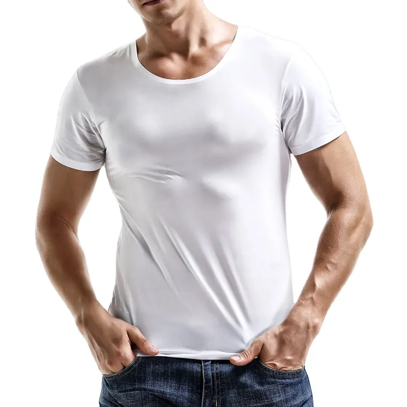 Erkekler T-shirt buz ipek dikişsiz erkek kısa kollu beyaz yuvarlak boyun yarım kollu üst giysi ince slim fit fanila