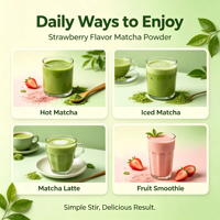 Poudre de Matcha Cérémonial Certifiée Marque Blanche OEM en Boîte de 30g, Poudre de Matcha Fraise en Boîte de 30g, Faible MOQ