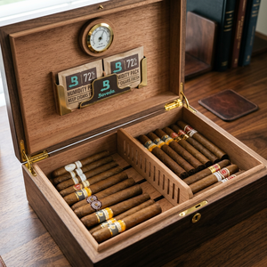 Humidor para Cigarros de Madera de Cedro Español Hecho a Mano con Tapa de Vidrio, Higrómetro Externo y Acabado Brillante - Regalo Premium para Hombres - Product Image 3