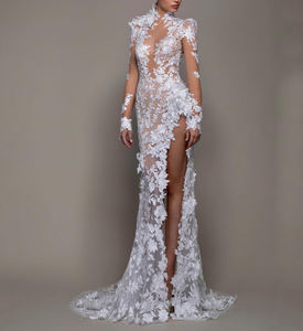 Encantadora Bata de Novia con Apliques de <span class=keywords><strong>Flores</strong></span> 3D Ilusión Sexy y Abertura Alta Vestido de Novia Sirena Vintage Largo Robe De Mariée - Product Image 1