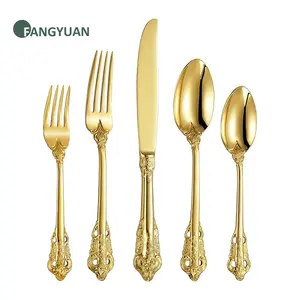 FANGYUAN Hot selling luxury baroque style vintage stainless steel 304 golden spoon fork wedding cutlery set in bulk