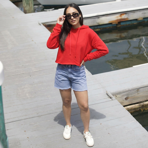 Women's <b>Red</b> Crop <b>Hoodie</b> Full Sleeve Terry 100% Cotton Casual Plus Size Autumn Style - Product Image 1