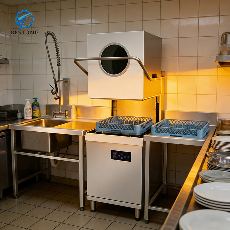 Freestanding Commercial Electric Smart Dishwasher Automatic Hood Type Stainless Steel Class A+++ Energy Efficient Restaurant