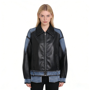 <span class=keywords><strong>Veste</strong></span> en <span class=keywords><strong>cuir</strong></span> PU noire coupe-vent élégante pour femme, <span class=keywords><strong>veste</strong></span> en <span class=keywords><strong>cuir</strong></span> surdimensionnée tendance avec patchwork en denim - Product Image 1