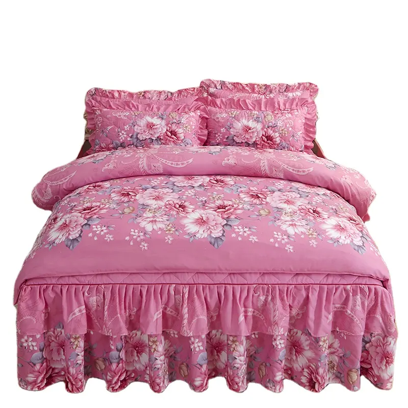 Respetuoso del medio ambiente de impresión de cubierta de cama suave acolchado aloe algodón conjunto de cuatro piezas cama faldas set hojas de cubierta