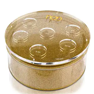 Judaica Pesach Display acrilico rotondo Matzah Box ebraico Lucite U Seder piatto Glitter oro con fori ritagliati