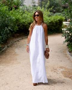 Robe longue d'été pour femme en coton et lin, sans manches, couleur unie, col rond, taille naturelle, simple, décontractée pour les vacances - Product Image 5