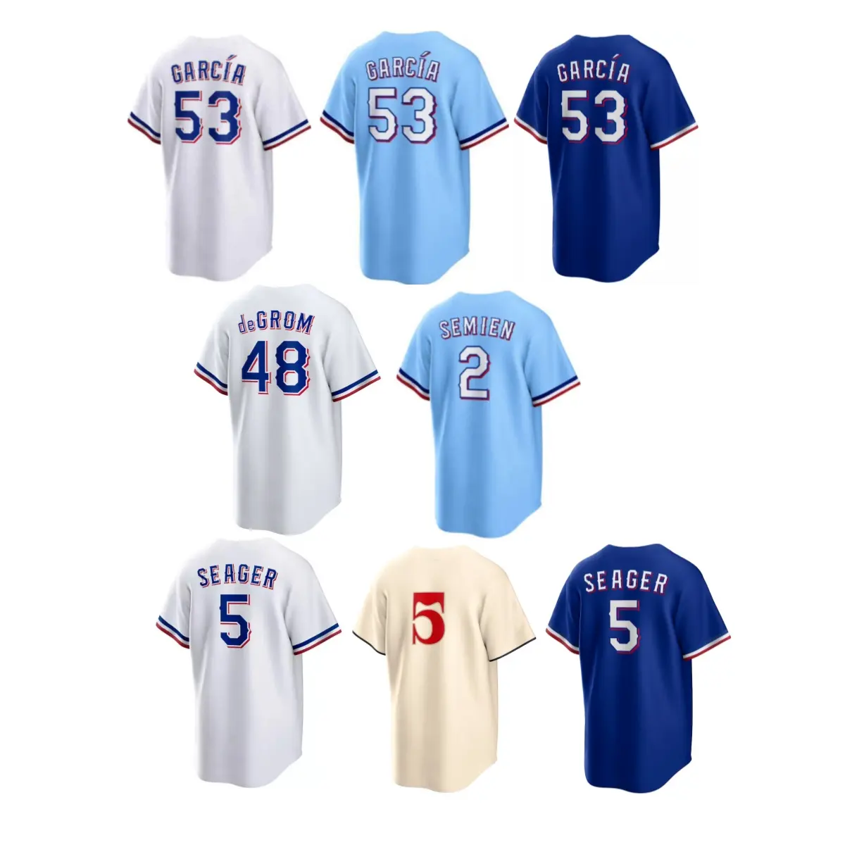 Jersey de béisbol americano cosido Texas 53 Adolis Garcia 5 Corey Seager 2 Marcus Semien 48 Jacob DeGrom