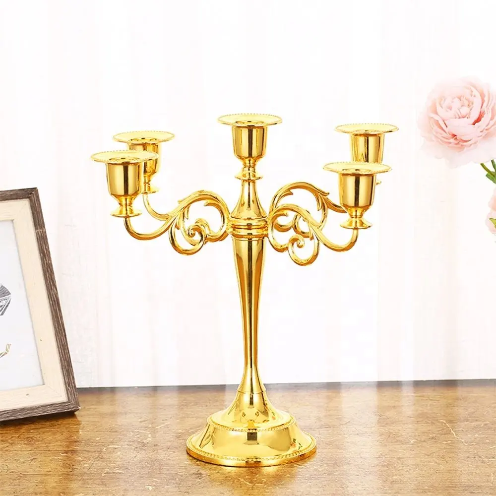 Mewah 5 Arms Pernikahan Centerpiece Besi Cor Lilin Berdiri Dekorasi Candelabra Centerpieces Pernikahan