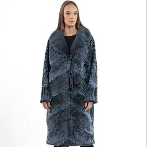 Abrigo de Piel de Karakul Azul con Cola Ancha y Cuello Inglés de Piel de Visón Sin Esquilar, Abrigo de Cordero Persa, Chaquetas de Cuero con Cuello de Visón para Mujer - Product Image 1