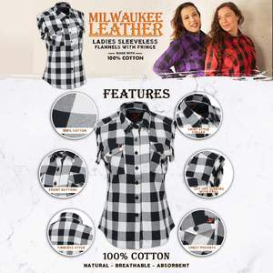 2025 Leather MNG21625 <b>Women's</b> Sleeveless Flannel Down <b>Shirt</b> Button Closure <b>Black</b>/White Cut off Frill Arm Hole Outdoor Tops - Product Image 5