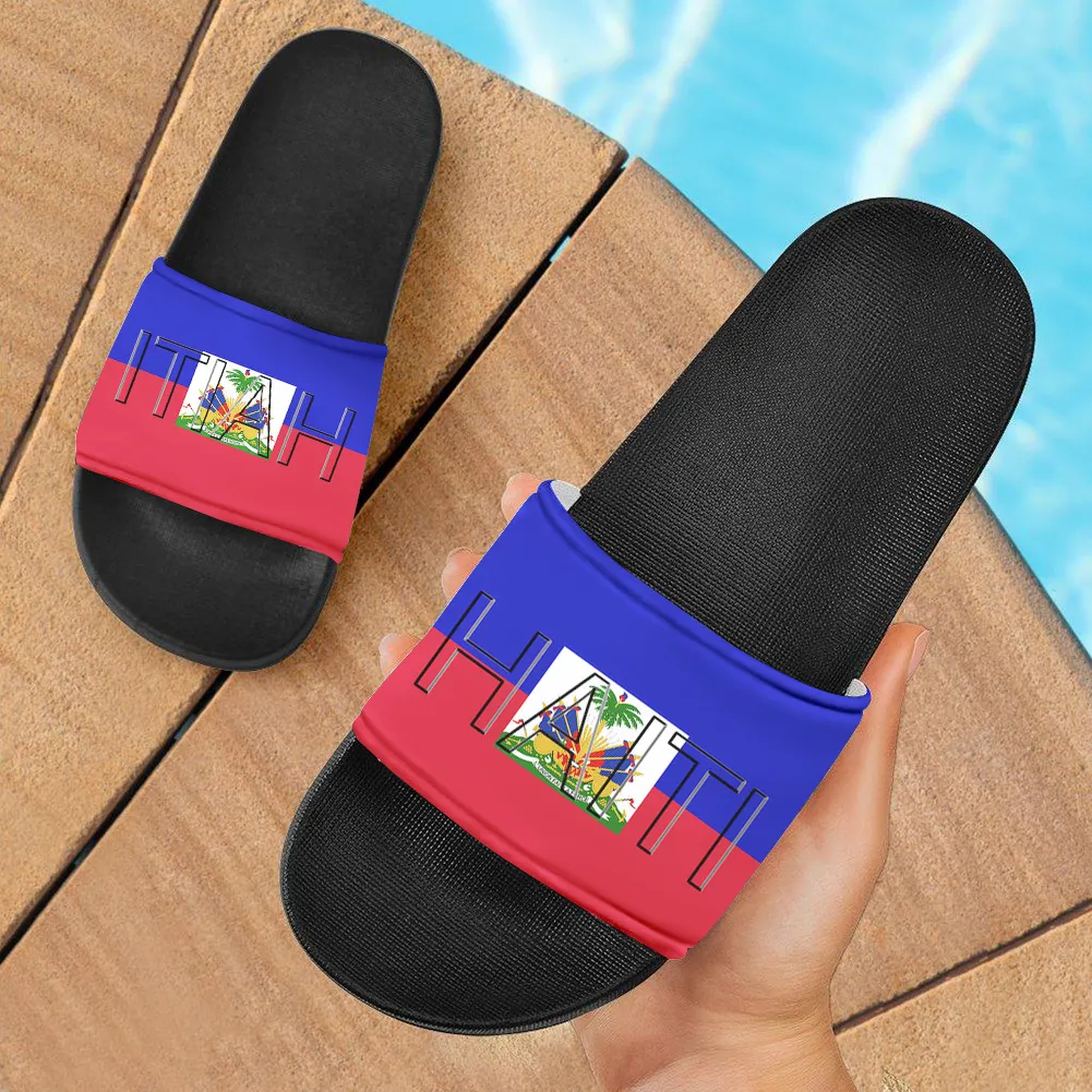 Haiti/Haitian Flag Design Frauen Männer Unisex Beach Slides Sandale Weiche schwarze Sohlen Hausschuhe 2020 Haitianische Schuhe mit Flaggen drucken