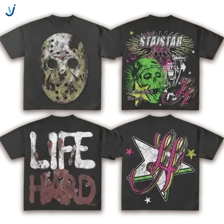 YJ Manufacturer Designer Streetwear Fashion Graffiti Printed T-shirt Men Wholesale Custom Vintage Heavyweight Acid Wash T Shirt