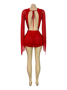 <span class=keywords><strong>Abito</strong></span> da donna primaverile alla moda, in rete trasparente, con scollo a V profondo, senza schienale, <span class=keywords><strong>maniche</strong></span> <span class=keywords><strong>lunghe</strong></span> svasate, modello avvolgente, mini <span class=keywords><strong>abito</strong></span> - Product Image 6