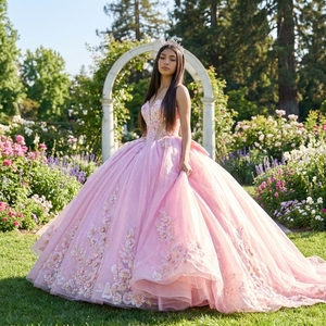 Dy6922 Vintage Shimmering <b>Pink</b> Chiffon Ball Gown Quinceanera Party <b>Dress</b> 3D Floral Embroidery Appliques Sweetheart <b>Princess</b> <b>Prom</b> - Product Image 1