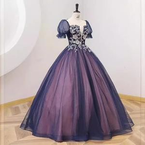 Navy Blue Puff Sleeve Evening Gown Women Stage Performance Tutu Skirt Wedding Dress Polyester Fiber 1031 - Product Image 3