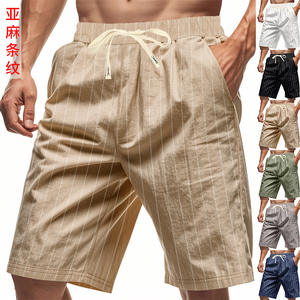 Shorts de plage en lin pour hommes Cross Border Shine – Vert, kaki, bleu marine, noir, blanc, gris – Élastique à la taille, cordon de serrage, décontracté et tendance pour l'été - Product Image 5