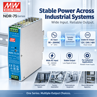 MEANWELL NDR-75-24 24VDC Industrial DIN Rail PSU 90-264VAC Casing Logam untuk Panel PLC Otomasi Pabrik