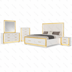 Modern White Gold Trim Bedroom Set <b>Queen</b> <b>Size</b> <b>Bed</b> Dresser Mirror Nightstand Storage Furniture - Product Image 1