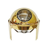 Calentador de Buffet Redondo de Lujo de 6L con Tapa Enrollable de Acero Inoxidable 201, Recipiente para Calentar Alimentos con Tapa de Vidrio, Calentamiento por Vapor, Color Dorado, Uso Hospitalario