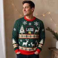 Pull de Noël Homme en Tricot Jacquard Acrylique à Col Rond, Motifs Renne Flocon de Neige Arbre, Idéal Fêtes de Fin d'Année, Vente en Gros
