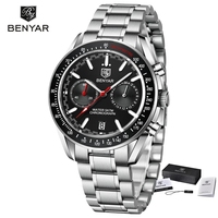 Montre à quartz unisexe BENYAR, nouveau design sportif, acier inoxydable, étanche, chronographe, mouvement Citizen, verre 43 mm, bracelet en cuir