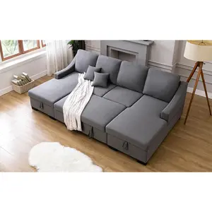 Dark Grey Linen Upholstery Sleeper Sectional Sofa With Double Storage Spaces Multifunctional Sofa Bed With 2 Cushions