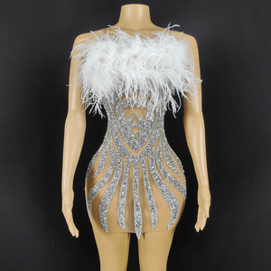 Straight Club Dresses Sequins Diamonds See Through Femme <strong>Feathers</strong> <strong>Top</strong> White Dress Vestidos Para Mujer Elegante Party - Product Image 1