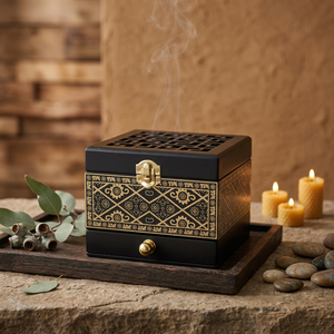 Quemador de Incienso Metálico Estilo Árabe Negro con Patrón Dorado, Caja de Aromaterapia con Diseño de Cajón para Decoración del Hogar, Regalo para Ramadán y Eid - Product Image 1