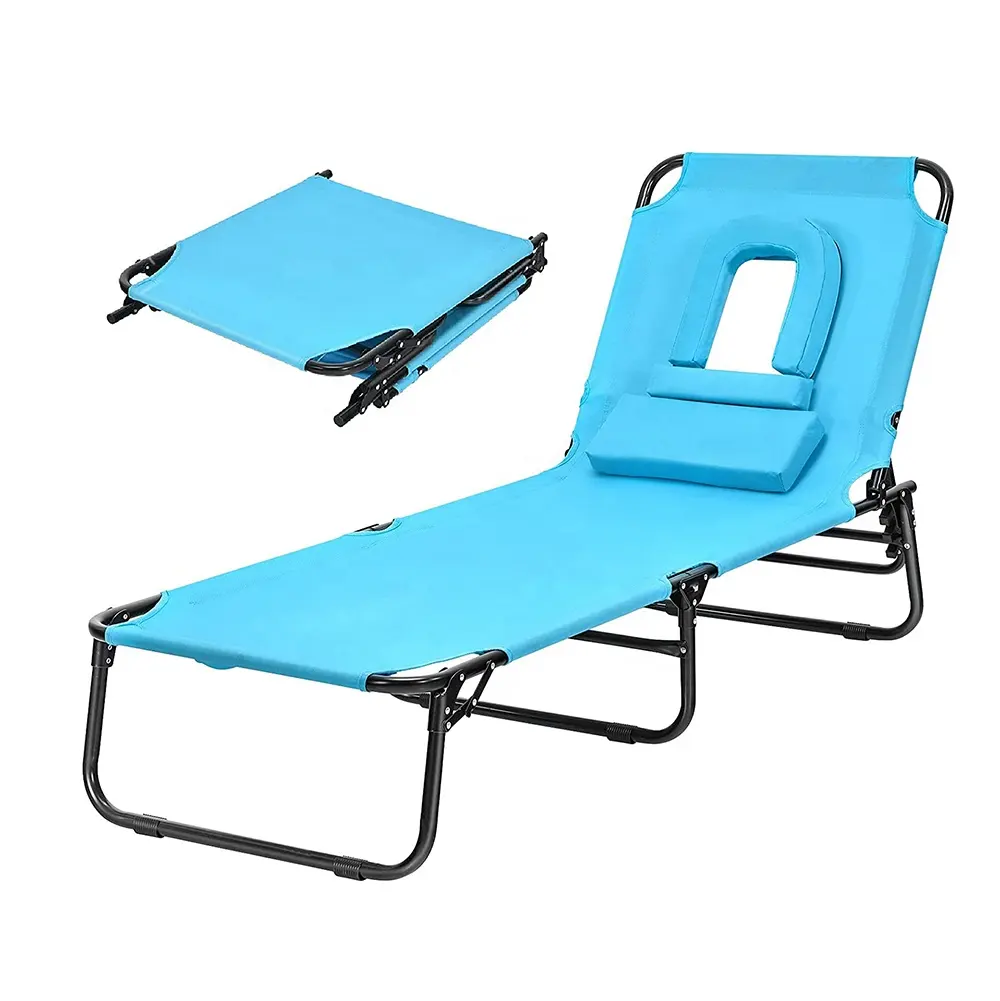 Beach Lounge Chair Sunbathing Chair Patio Lounge Chair Folding Adjustable Recliner with Hole for Face