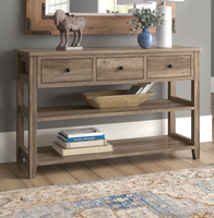 Table console rustique avec 3 tiroirs et 2 étagères ouvertes en bois, table d'entrée, table de canapé, vente en gros pour salon, couloir