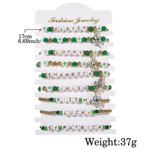 Fashion Jewelry St Patrick <b>Beaded</b> <b>Bracelet</b> Set Letter Charm Lucky Stackable Gift <b>Bracelets</b> Green Gold Zinc Alloy - Product Image 4