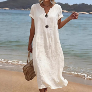 Robe en lin blanche à col en V pour femme, décontractée, couleur unie, pour la plage et les vacances, à manches courtes, coupe ample, pour le quotidien, style estival, taille naturelle - Product Image 1