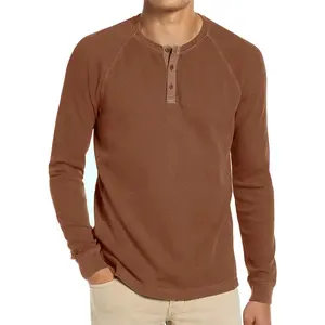 T-shirt à col Henry pour hommes, vêtements d'entraînement et de loisirs, t-shirts Henley, t-shirts en coton tissé vierge, fournisseur, col en O, mode gaufrée, manches longues