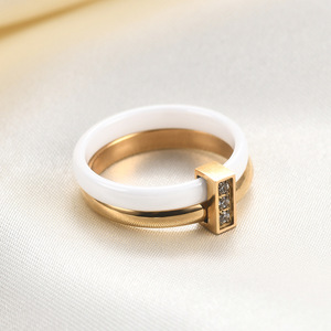 <b>Ceramic</b> <b>Ring</b> 6MM Black White Gold Steel Geometric Zircon Channel Setting Unisex Fashion Jewelry Gift - Product Image 3