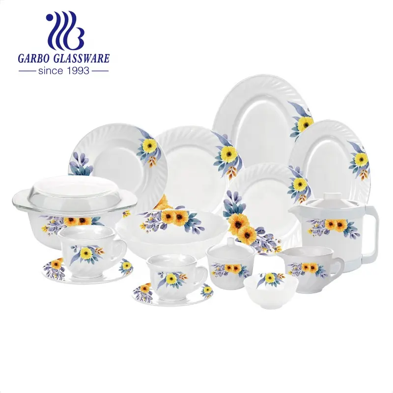 Fabrik 58PCS Klassisches Ägypten Maschinen gepresstes rundes ovales weißes Opalglas-Geschirrset mit individuellem Aufkleber-Design Polifoam Pack