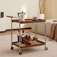 Table de salon moderne en bois massif avec poulie mobile, chariot de rangement en acier inoxydable, plateau en rotin tressé écologique et durable