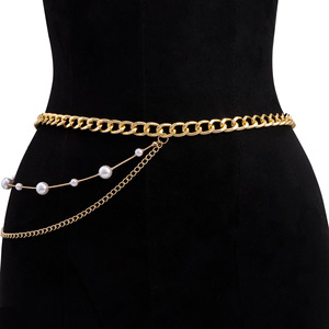 Chaîne de taille multicouche en métal tendance avec perles imitation pour femme, accessoire de corps pour soirée, or et argent - Product Image 1