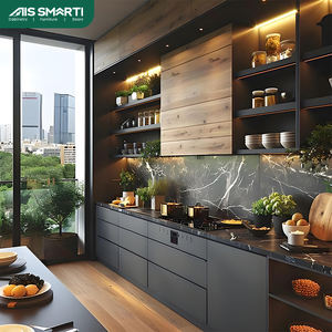 As SMARTI Premium Set di mobili da cucina di lusso <span class=keywords><strong>laccato</strong></span> <span class=keywords><strong>nero</strong></span> finitura di stoccaggio completo controsoffitto in marmo <span class=keywords><strong>MDF</strong></span> per appartamento - Product Image 1