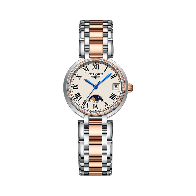 Fashionable Lady's Roman Numeral Mechanical Watch-High Quality Stainless Steel Genuine Leather Band Waterproof Women's Watch