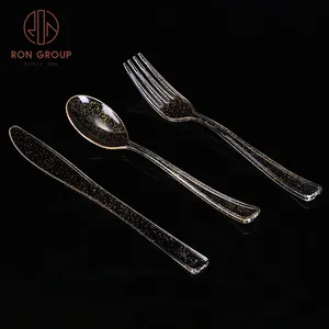Eco Friendly Wedding Clear Gold Glitter Knife Spoon Fork Flatware Set Plastic Spoon Disposable Cutlery for Fast Food Packaging
